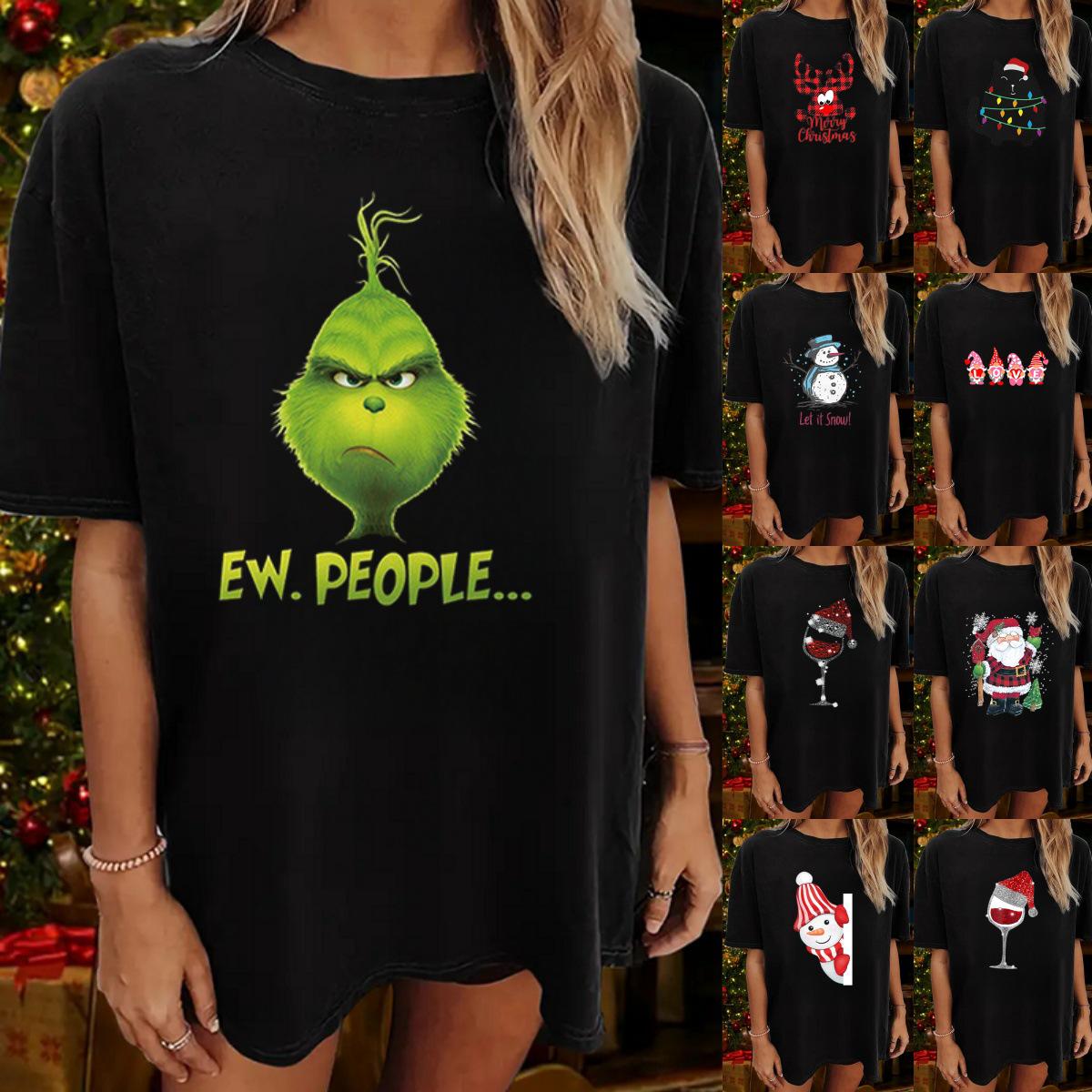 

Women s Reindeer Christmas Pattern Short Sleeve T-Shirt, Round Neck, Loose Fit M