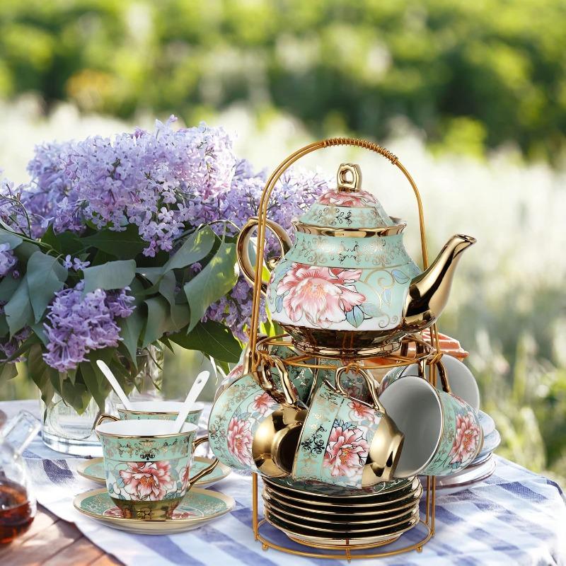 20 Pcs Porcelain Tea Set with Metal Holder and Spoon Adult Ceramic Tea Party Set European Flower Painting Teapot Cup Saucer