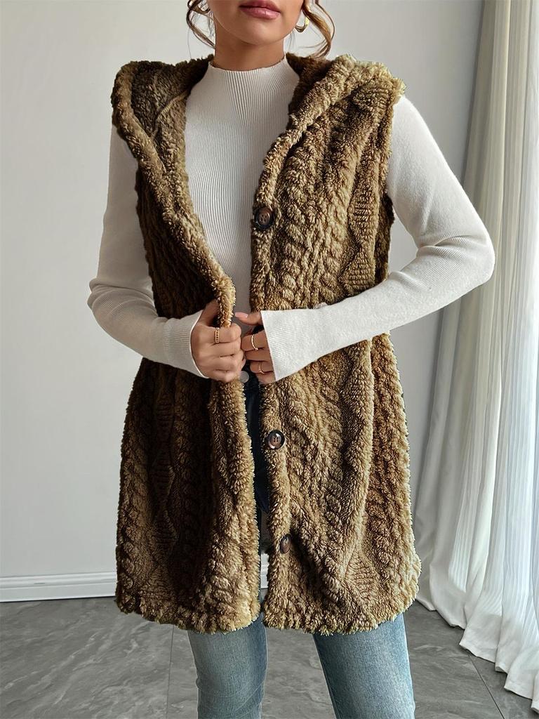 Double-Sided Plush Hooded Cardigan Vest - Women's Autumn/Winter Fashion