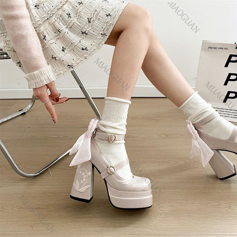 Fashion Platform High Heels Fashion Cross Straps Women Mary Jane Shoes Spring Autumn Bow Thick Bottom Lolita Pumps Ladies Dress Shoes