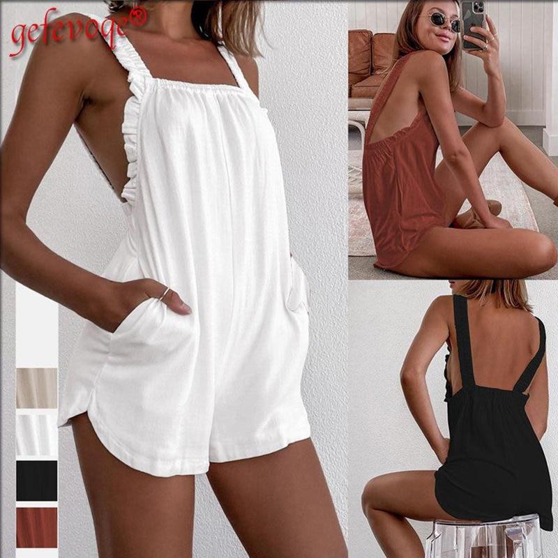 

Однотонные повседневные женские комбинезоны с оборками и карманами, лето 2023, сексуальные свободные хлопковые комбинезоны с открытой спиной для клуба, дышащие пляжные шорты, наряды