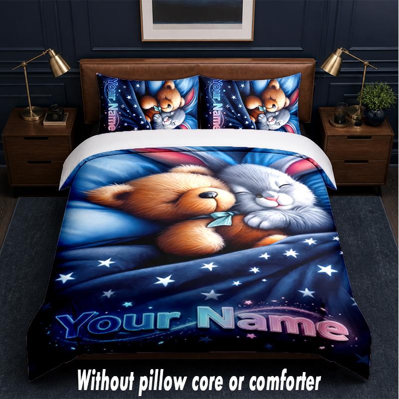 Teddy Bear Theme Custom Text Or Name 3Pcs Bedding Set,1 Flat Sheet & 2 Pillowcases Personalized Home Bedding