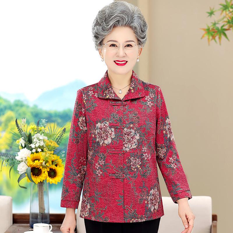 2026 Spring & Autumn Plus Size Printed Jacket for Middle-Aged Women – Lapel, Loose Fit, Slimming Style