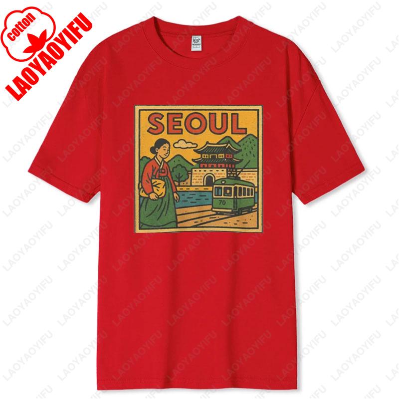 Seoul Korea Comic T-Shirt Unisex Retro-Stil Vintage Stadt-Skyline Grafik-T-Shirts Bold Asian Travel Baumwollshirt Geschenk Männer Frauen Tops