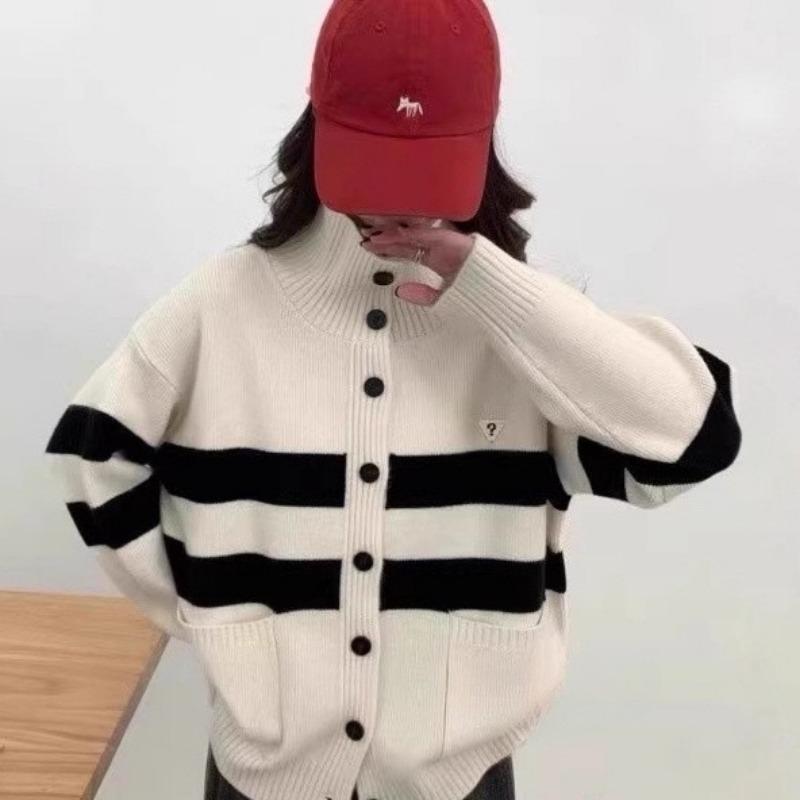 

Осень и зима новый ретро колледж свободный свитер с длинным рукавом женский ленивый ветер воротник-стойка полосатая вязаная куртка One Size белый
