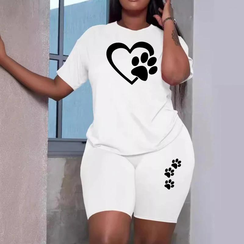 Summer Hot Sale Women's Cute Heart Print Tracksuit O-Neck T-shirts and Shorts Urban Fashion Ladies Home Outdoor Casual Oufits