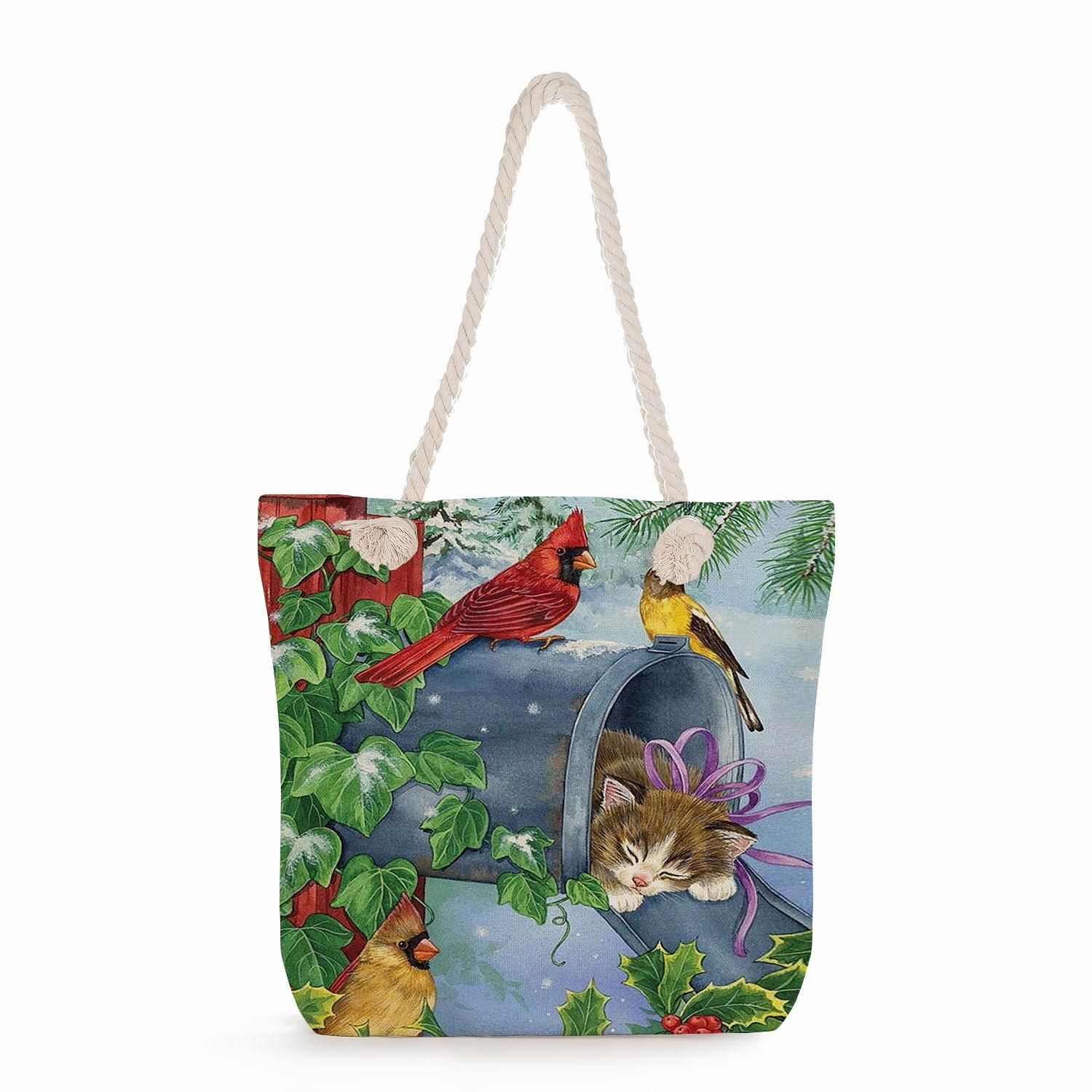 Flower Cat print thick rope single-shoulder beach bag 7269