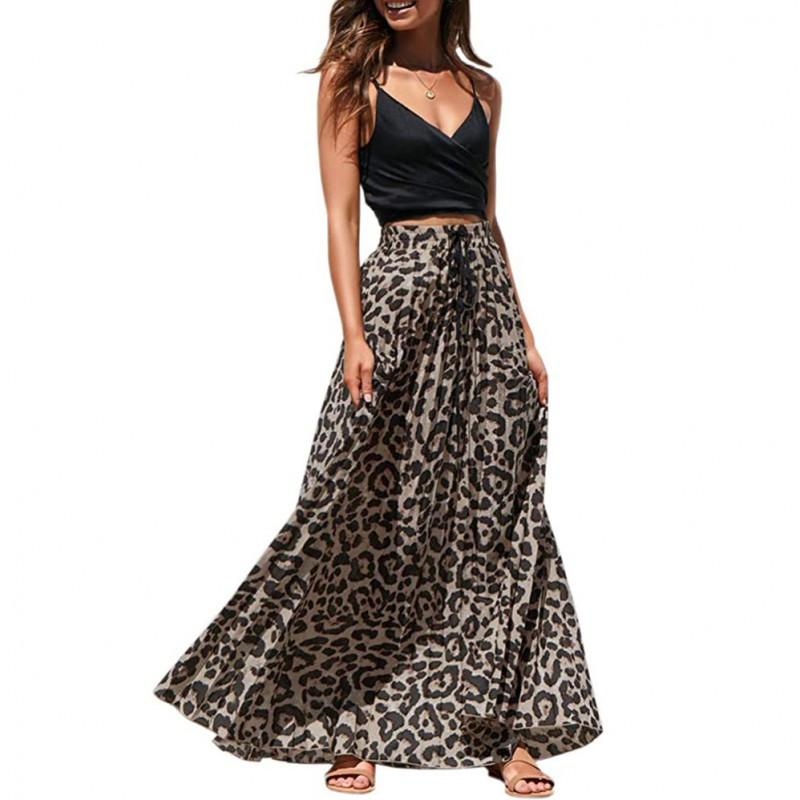 Damen Plus Size A-Linien Midi-Rock Mit Kordelzug Taille Leopardenmuster Baumwollmischung Lässig Lang