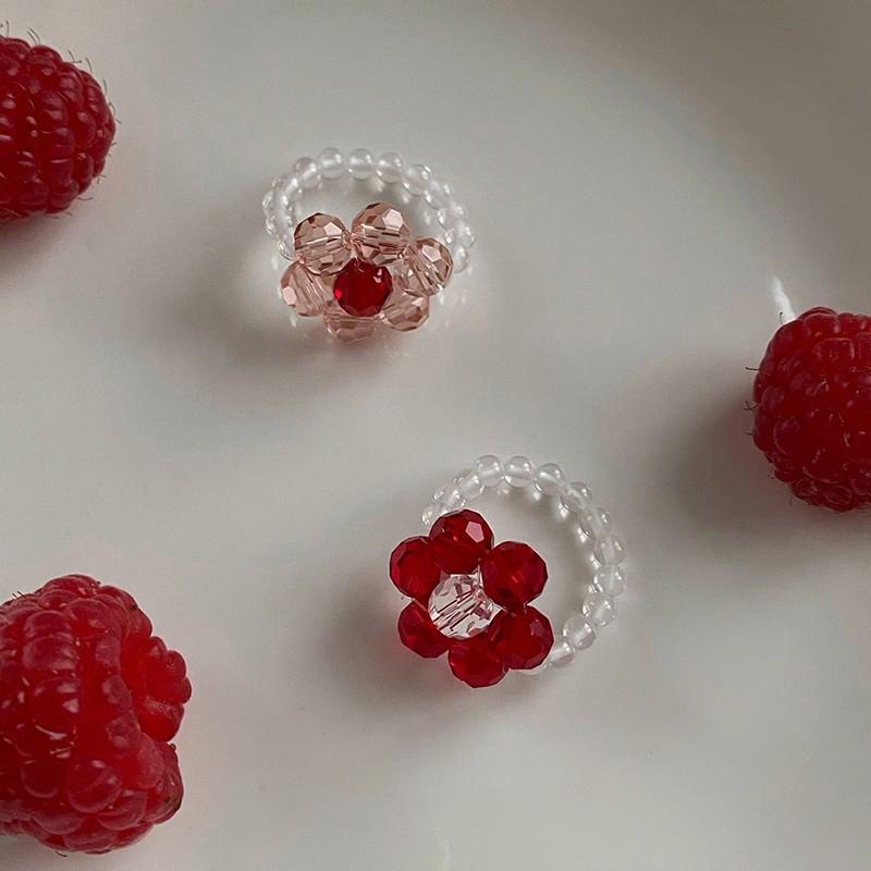 Vintage Crystal Beaded Flower Elastic Rings Rice Beads Handmade Woven Flower Rings For Women Bohemian Jewelry Girls Party Gifts