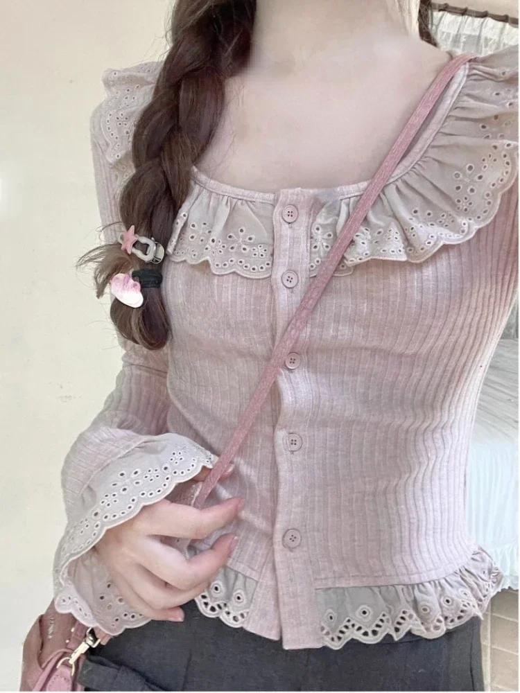 

Новий в язаний кардиган Kawaii Lolita для жінок, японський солодкий мереживний светр, жіночий повсякденний корейський шикарний тонкий елегантний трикотажний топ L рожевий