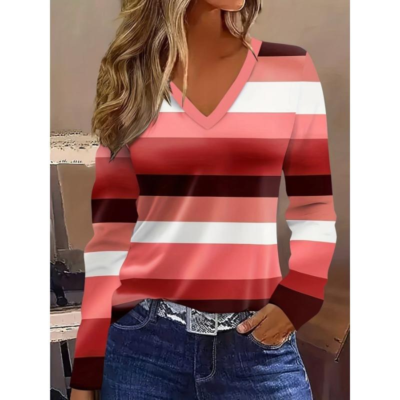 Modă Femei Codificată Tricou Femei cu Gât în V și Mânecă Lungă