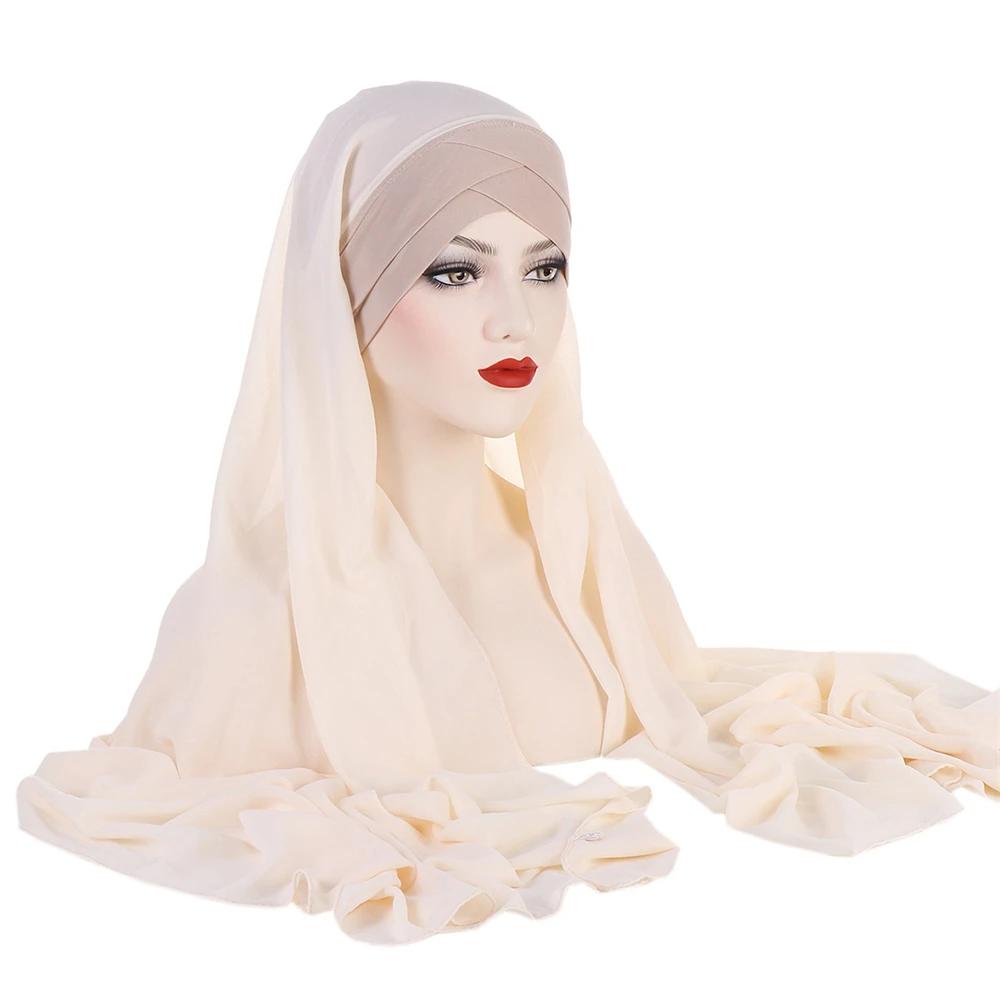 

Forehead Cross Hat with Chiffon Scarf Instant Hijab Underscarf Bonnet Cap Muslim Women Long Shawl Wrap Veil Amira Headscarf 1pc