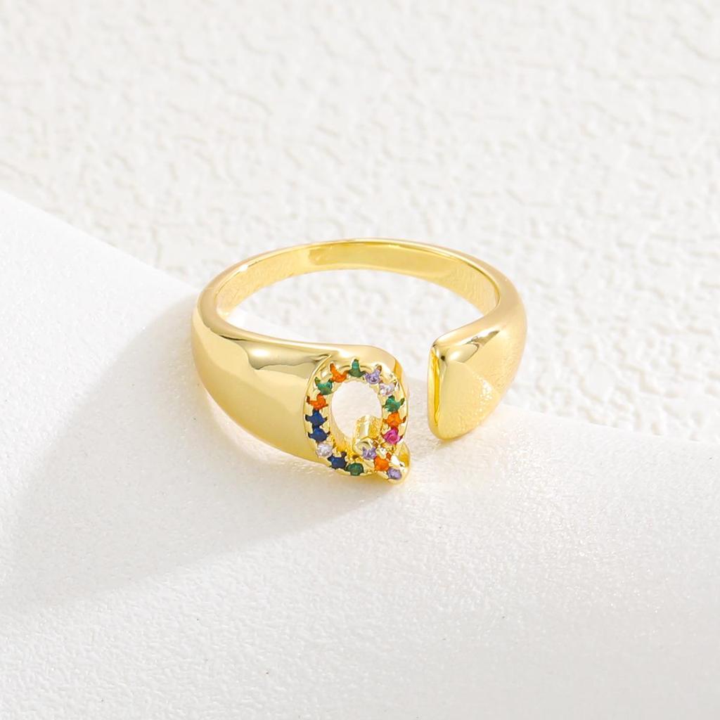 Fashionable Colorful Zircon Alphabet Adjustable Retro Ring
