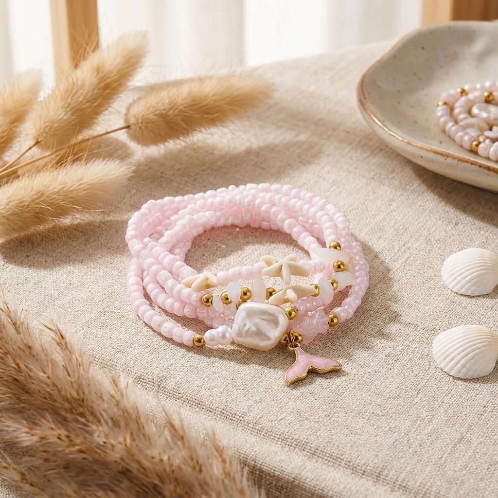 Boho Mermaid Tail Beaded Bracelet Set for Women Irregular Stone Starfish Imitation Pearl Elastic Bracelets Vacation Jewelry Gift