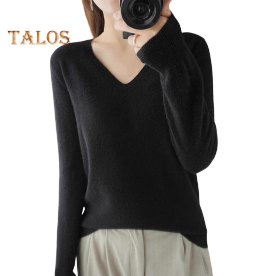 

Женский свитер с V-образным вырезом, длинным рукавом, однотонный трикотажный топ, стандартный крой, эластичный джемпер, эластичный трикотаж L чёрный