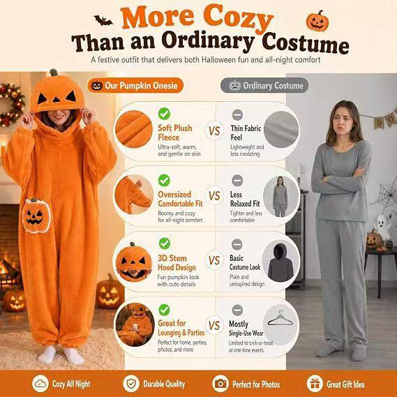 Pigiama Intero in Pile Corallo Autunno/Inverno con Zip - Spesso, di Velluto e a Tema Halloween per Uso Interno ed Esterno