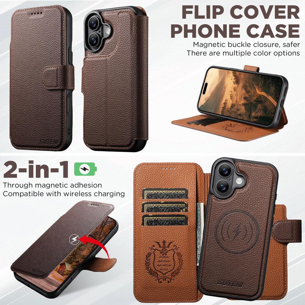 iPhone 17 Pro Flip Card Slot Magnetic Wireless Charging Stand Case - Color Block Leather
