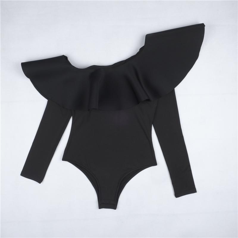 Jedno rameno Lotus Leaf Edge Flying Sleee Černý Dlouhý rukáv Ležérní zeštíhlující overal pro ženy