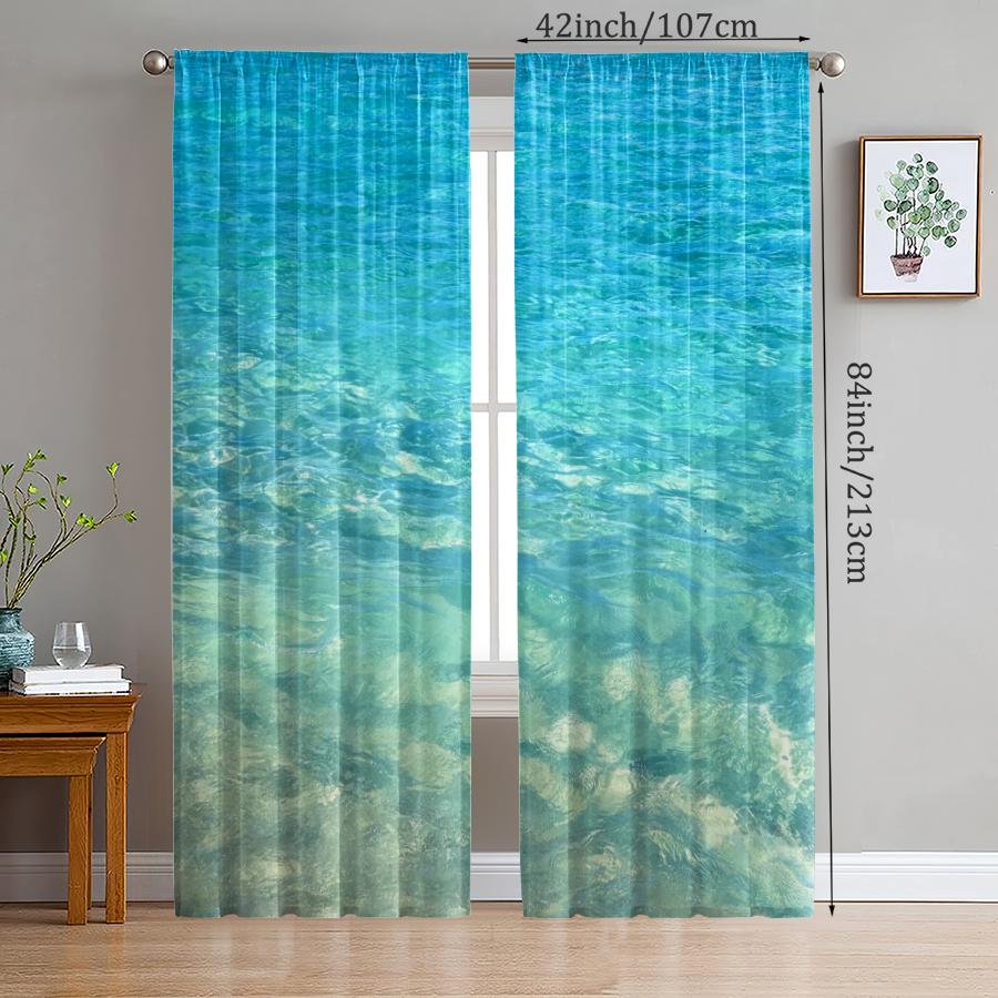 Set Of 2 Blue Ocean Print Curtains Pole Bag Christmas Decorations Home Room Curtain Polyester