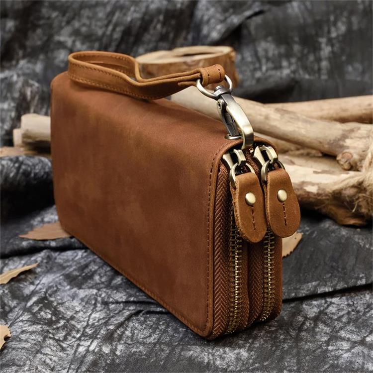 Men's Zip Long Wallet Natural Cow Skin Purse Leather Credit Bank Card Cash Cell Phone Wallets Men Women Male High Quality