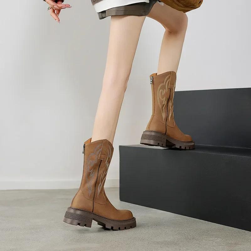 fashion Embroidery Women Western Cowgirl Boots Fashion Back Zippers Shoes Retro Style Autumn Winter Ladies Knight Mid Calf Booties