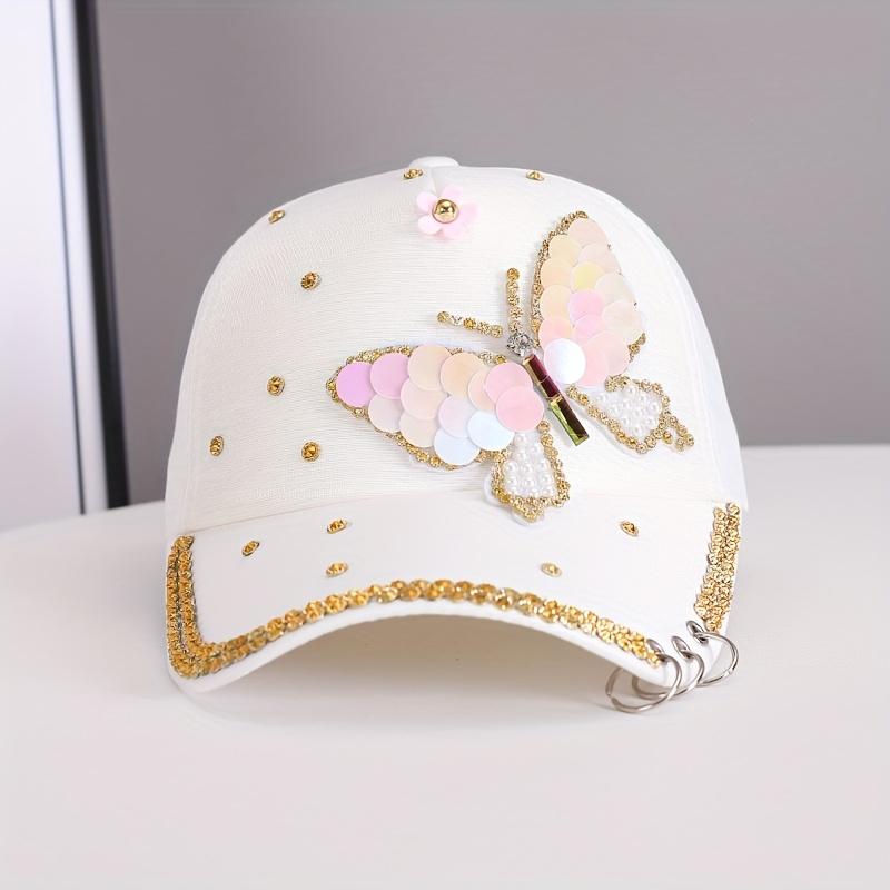 

1 шт. Милая женская бейсболка Летняя с блестками, бриллиантами, бабочкой, для улицы, защита от солнца белый