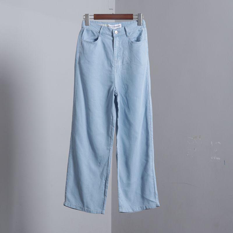 

Tencel Light Blue Back Elastic Waistband Slimming Straight Jeans Light blue M