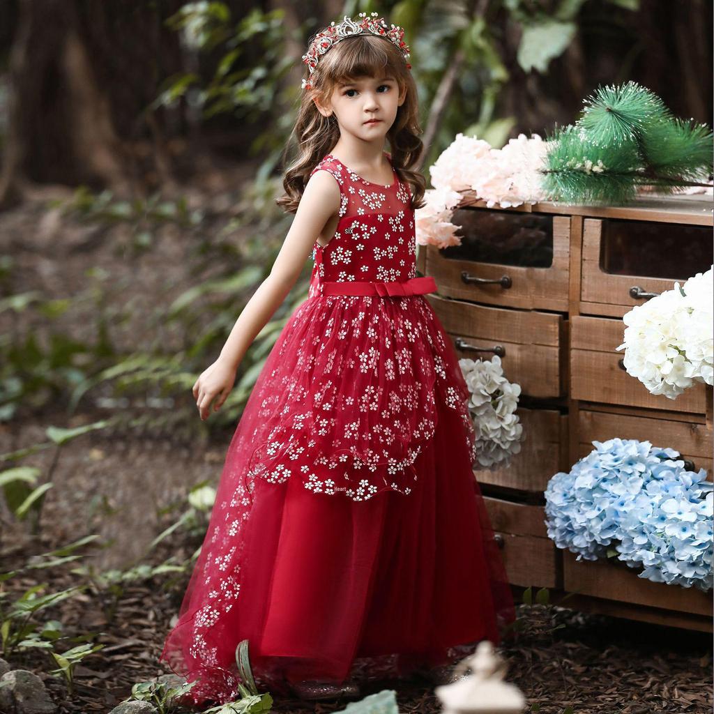 European & American Girls' Lace Flower Princess Dress with Bow & Small Train