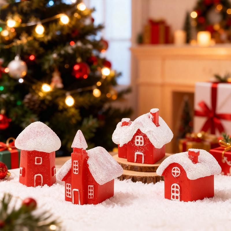 4Pcs Winter Village Snowy House Christmas Resin Miniature Red House Christmas Home Decoration Ornament New Year Party Cake Decor