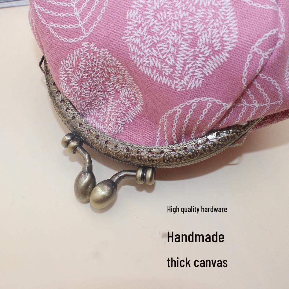 10.5cm Canvas Leaf Print Clasp Coin Purse - Handmade Retro Ladies' Clutch with Snap Closure