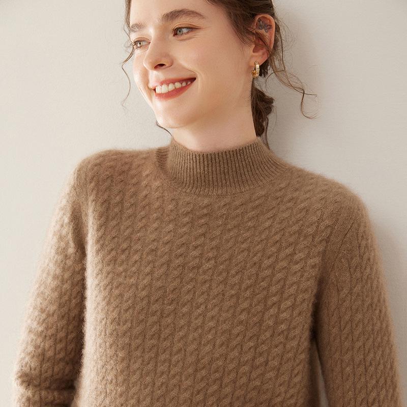 2024 Autumn/Winter Women's High Neck Cashmere Sweater - Thickened Korean-Style Cable Knit Pullover