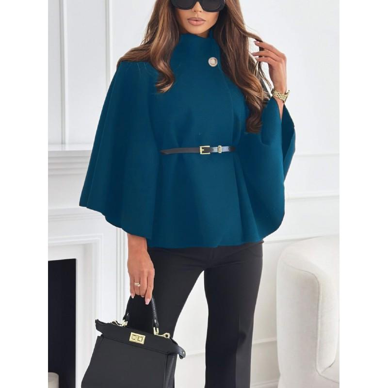 Womens Winter Elegant Wool Blend Cape Coat With Belted Waist Stand Collar
