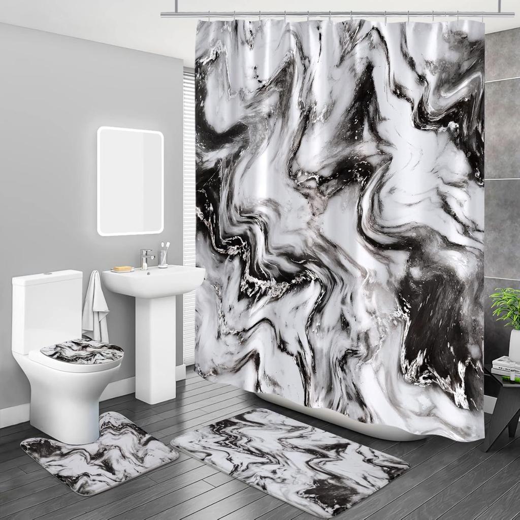Marble Bathroom Sets With Shower Curtain And Rugs And Accessories, Abstract Grey Gold White, Modern, Gray Bathroom Decor Set