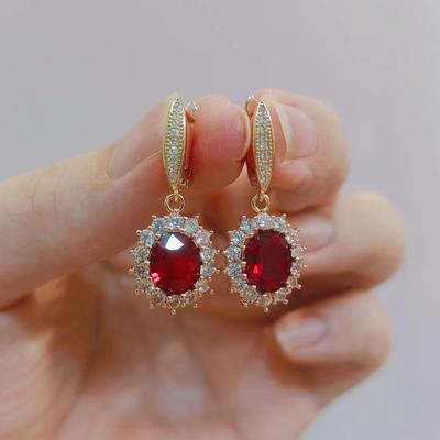 Red Oval Crystal Zircon Drop Earrings for Women 2023 New Gold Color Wedding Engagement Party Jewelry Accessories