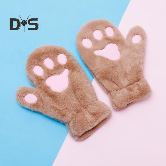 1 Pair Women Winter Mittens Cartoon Cat Paw Shape Thick Plush Anti-slip Heat Retention Outdoor Skiing Cycling Gloves