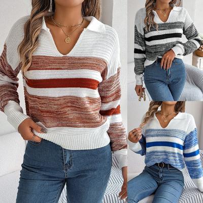Women's Hooded Sweatshirt with Casual Collar and Contrast Striped Long-Sleeved Knitted Pullover