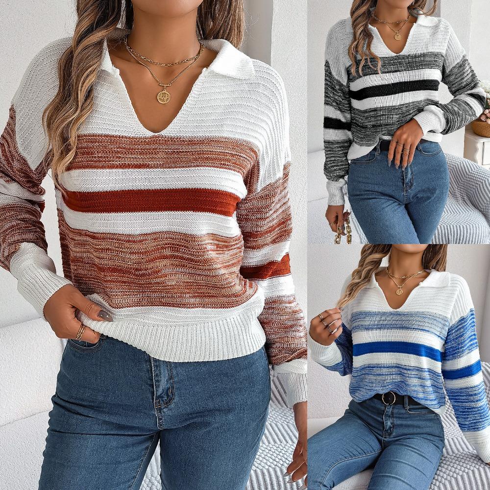 Women's Hooded Sweatshirt with Casual Collar and Contrast Striped Long-Sleeved Knitted Pullover