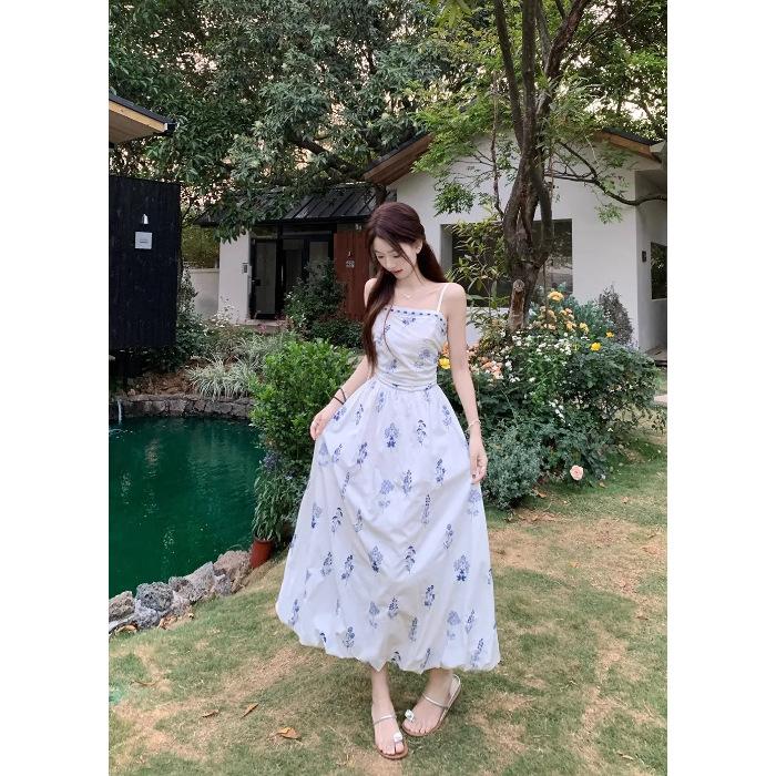 

Summer pear-shaped body printed bud skirt fat MM covering belly and thin skirt large size French floral dress women S белый
