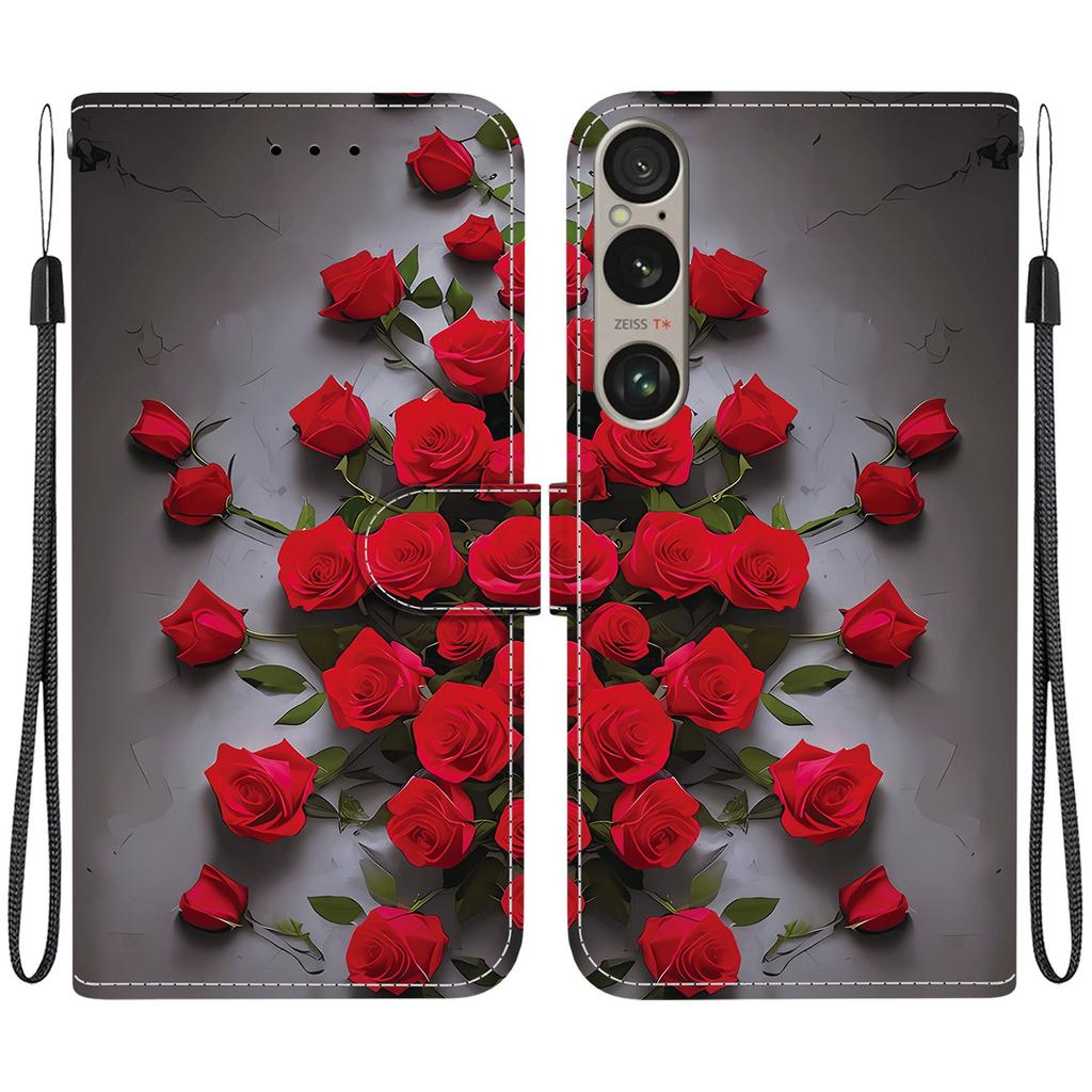 Handmade PU Leather Flip Case for Sony Xperia 1 VI Anti-Slip Shockproof Cover with Wrist Strap & Heart/Rose Cat Designs