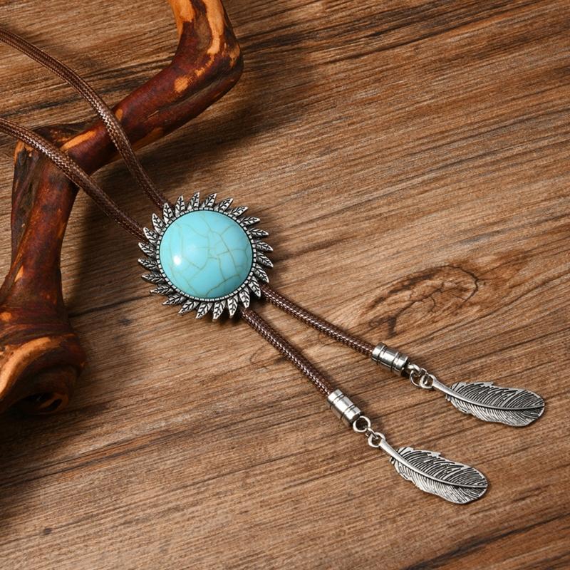 Men's Rodeos Western Leather Cord Bolo Tie Antique Floral Stone Jewelry Cowboy Necktie Necklace with Feathered Pendant