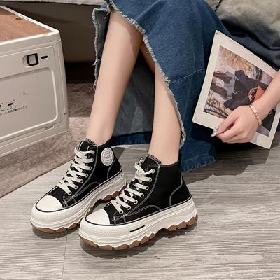 2024 Frühling High Top Canvas Sneaker Damen Dicke Sohle Weiße Schuhe Damen Lässige Board Schuhe Canvas Vulkanisierte Schuhe Weiblich