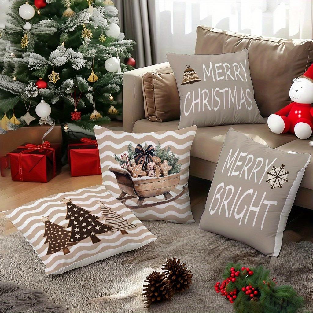 1pc/4pcs Festive Merry Christmas & Merry Bright Pillow Covers with Unique Designs Sofa Room Decoration Holiday Home Decoration