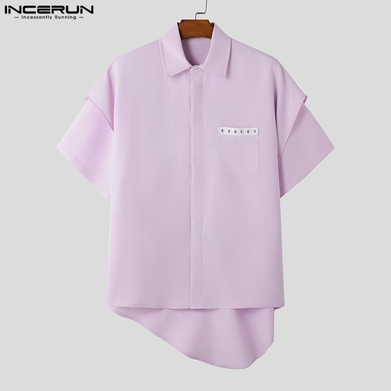 INCERUN Vară Bărbați Straturi Mânecă Scurtă Patchwork Nasturi Jos Oversized Neregulat Cămăși Topuri