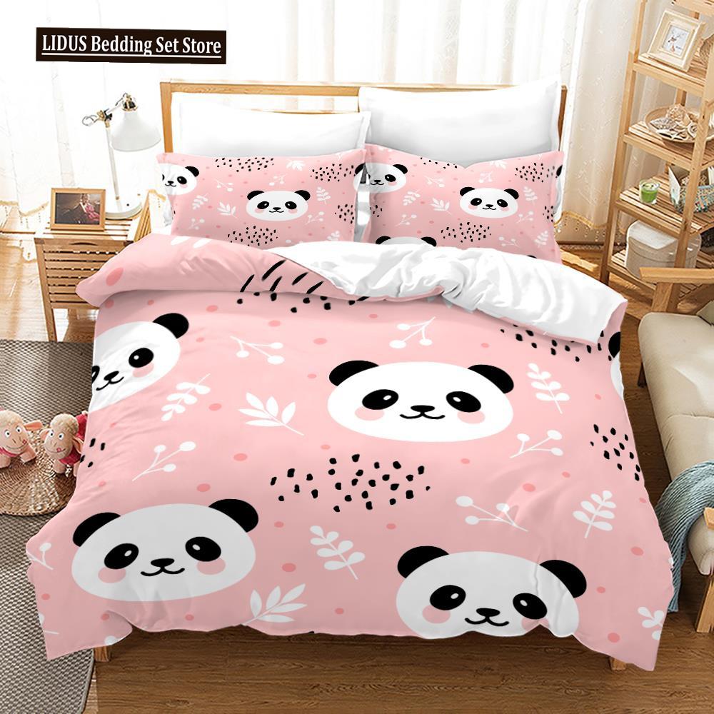 3D Panda Duvet Cover Set King Size Cute Panda Bamboo Bedding Set Black White Bear Polyester Quilt Cover For Boy Kid For Bedroom