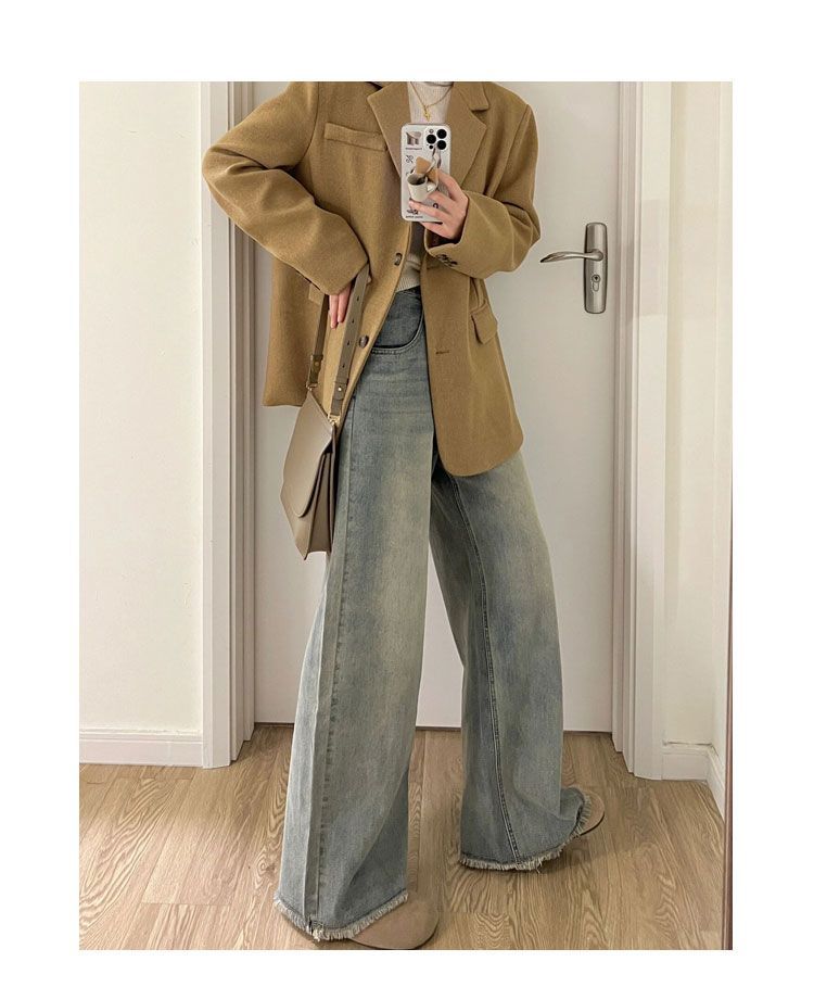 Wide-legged Jeans Women Spring and Summer Big Size High-waisted Vintage Loose Rough Edges Design Sense of The Straight Tube Drag Ground Long Trousers