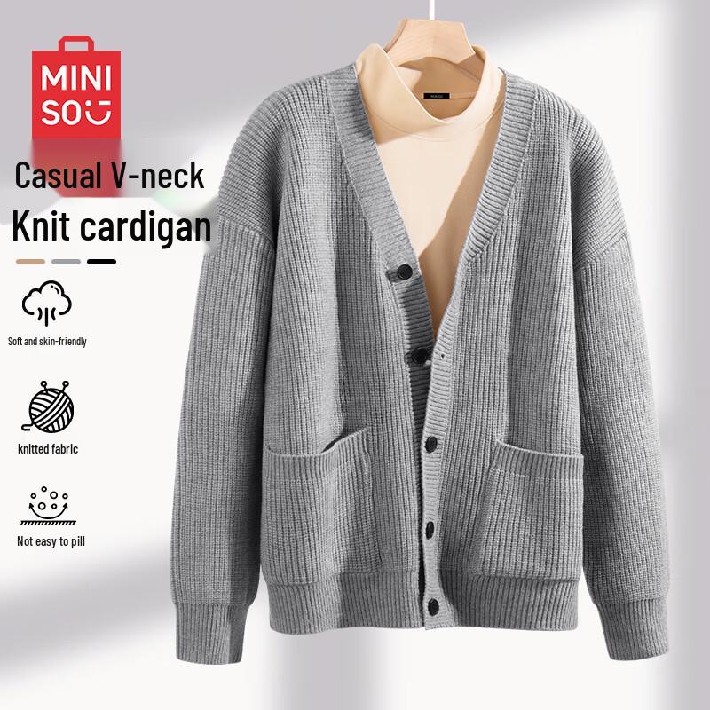 MINISO Men's American Retro V-Neck Textured Knit Cardigan