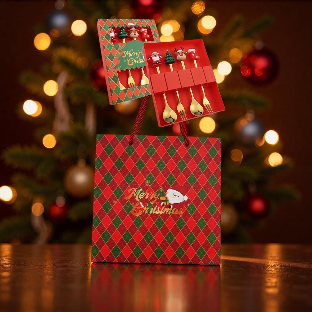 Christmas Cartoon Cutlery Set: Forks, Spoons, and Gift Box Featuring Cute Reindeer and Tree Designs.
