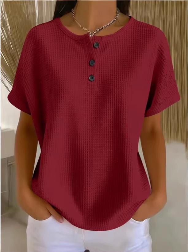 Plus Size Women's Solid Round Neck Short Sleeve Casual Top with Button Detail