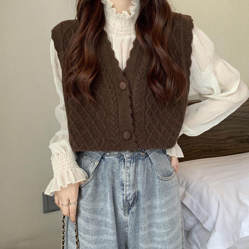 Damen Süßes Rautenmuster Gestrickte Weste Cardigan Mantel Einfarbig Spitze Pulloverweste Cardigan für Oberbekleidung