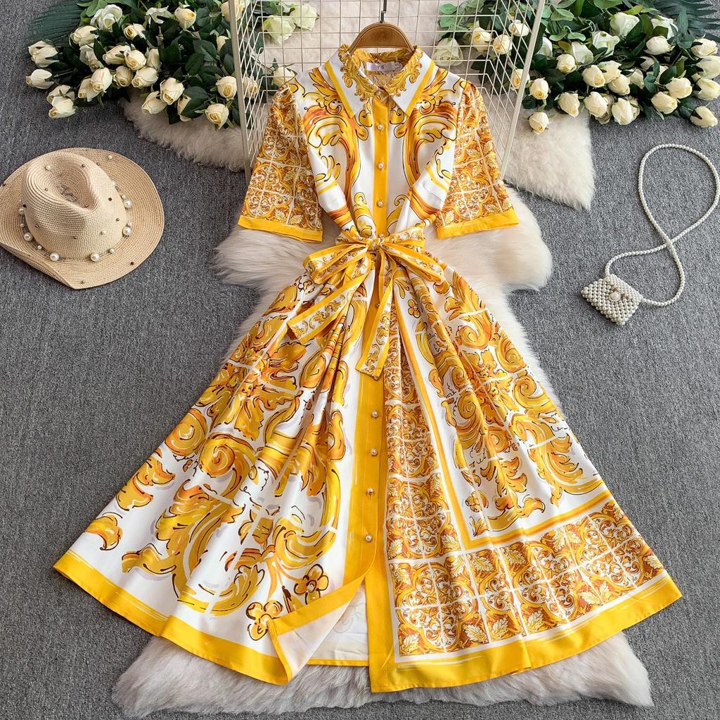 French Court Style Retro Blue and White Porcelain Printed Lapel Dress Women's Spring and Autumn Breasted Waist and Thin Big Swing Dress